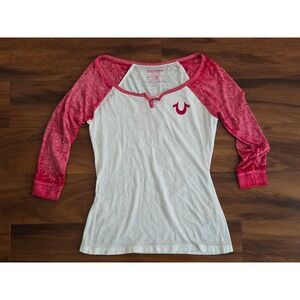 True Religion Womens White Red Graphic Buddha Tour Raglan Sheer T-shirt Size S